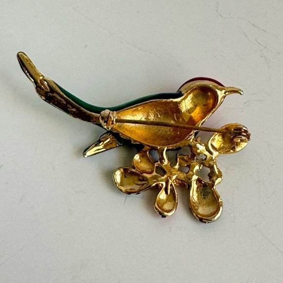Vintage Enamel Rhinestone Bird Brooch Red Blue Green Festive Holiday Christmas - Picture 5 of 7